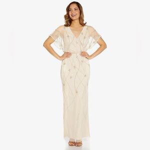 NWTs Adrianna Papell Cream Bead Blouson Gown with Silver Embellishments